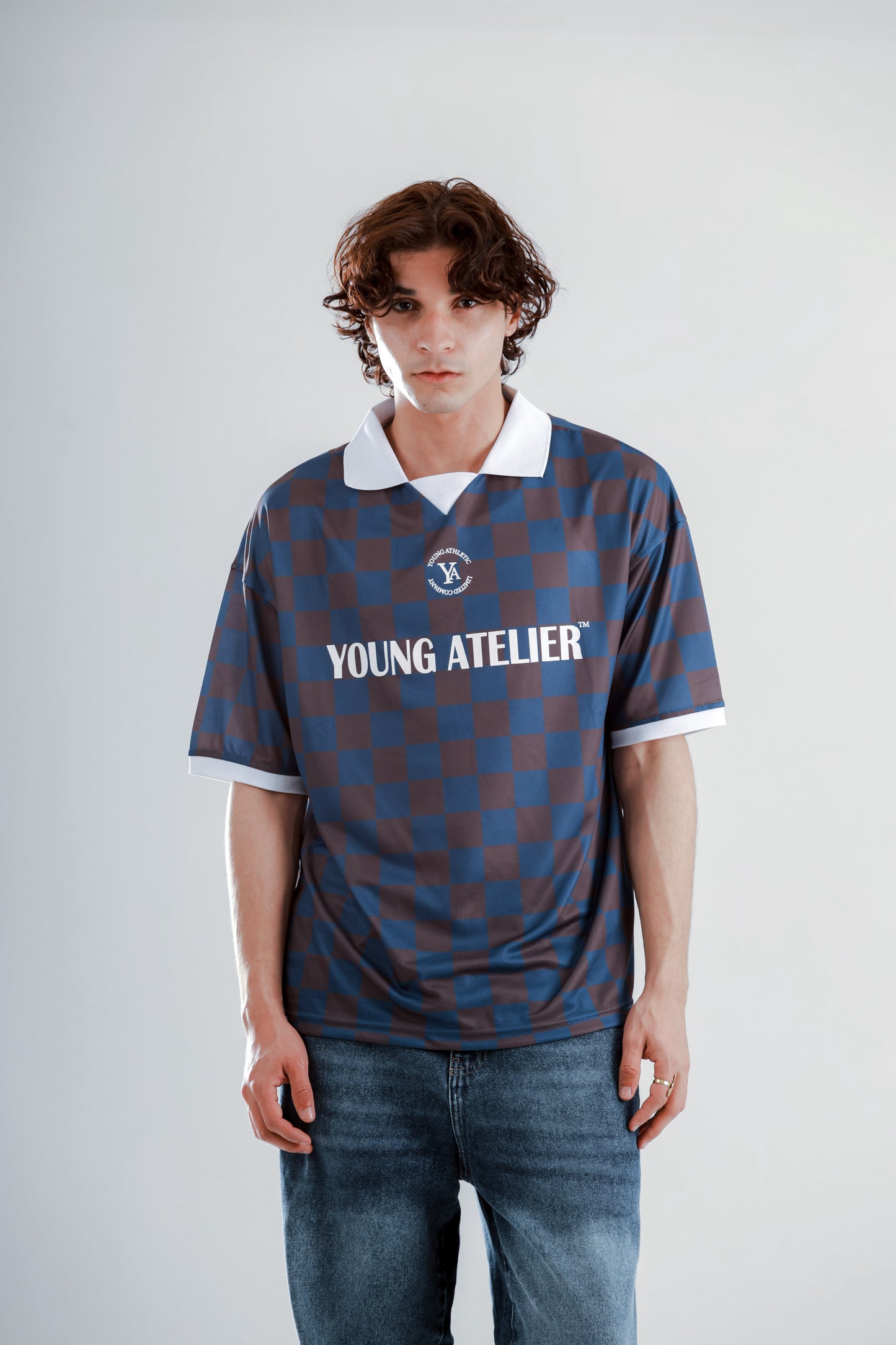 Football jersey polo shirt with squares printed