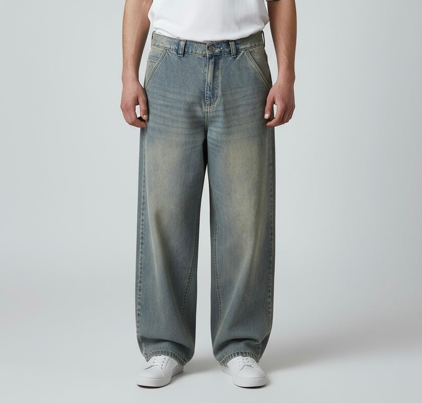 Ballon jeans in mid blue washed with yellow tint