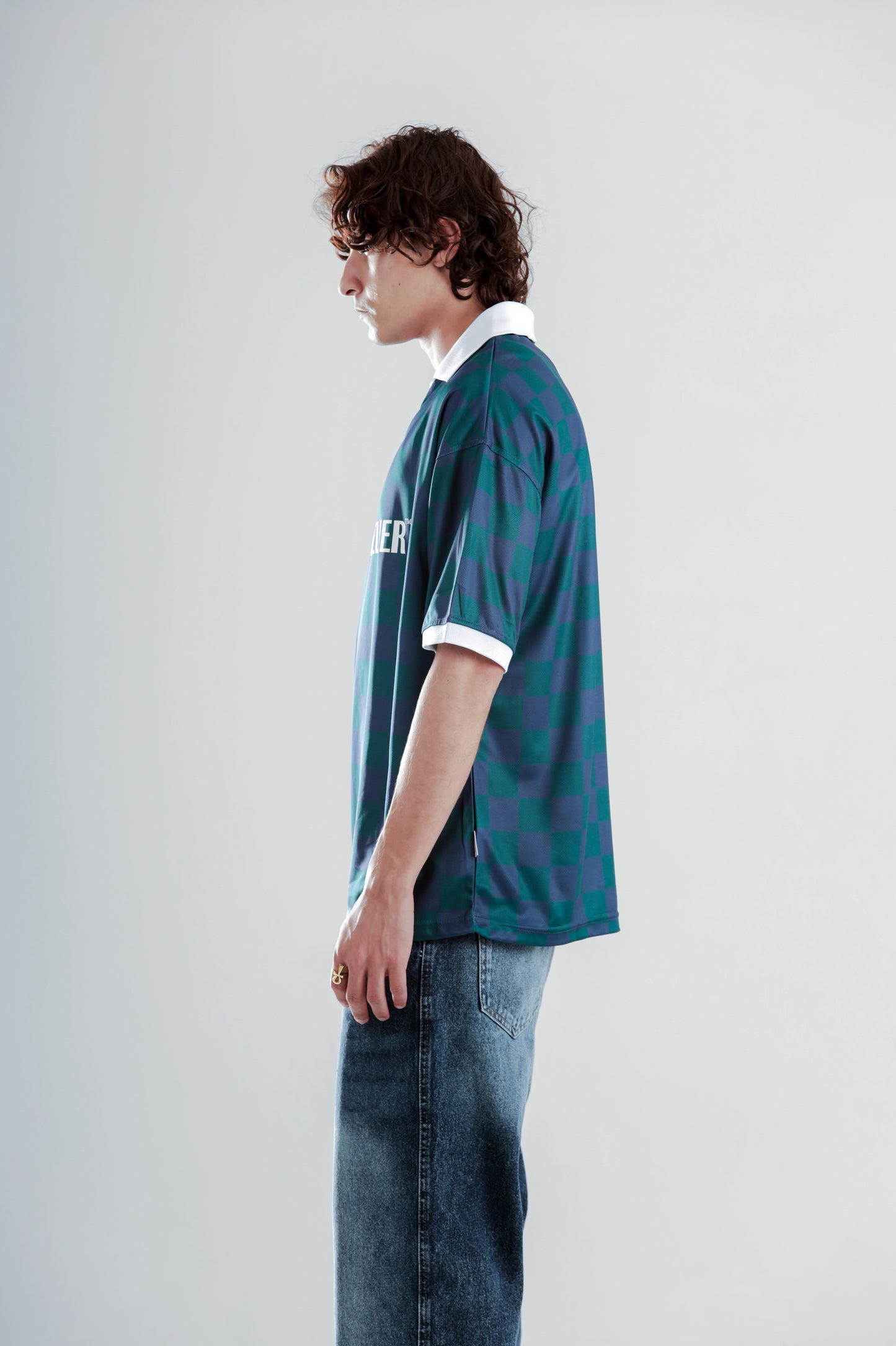 Football jersey polo shirt with squares printed