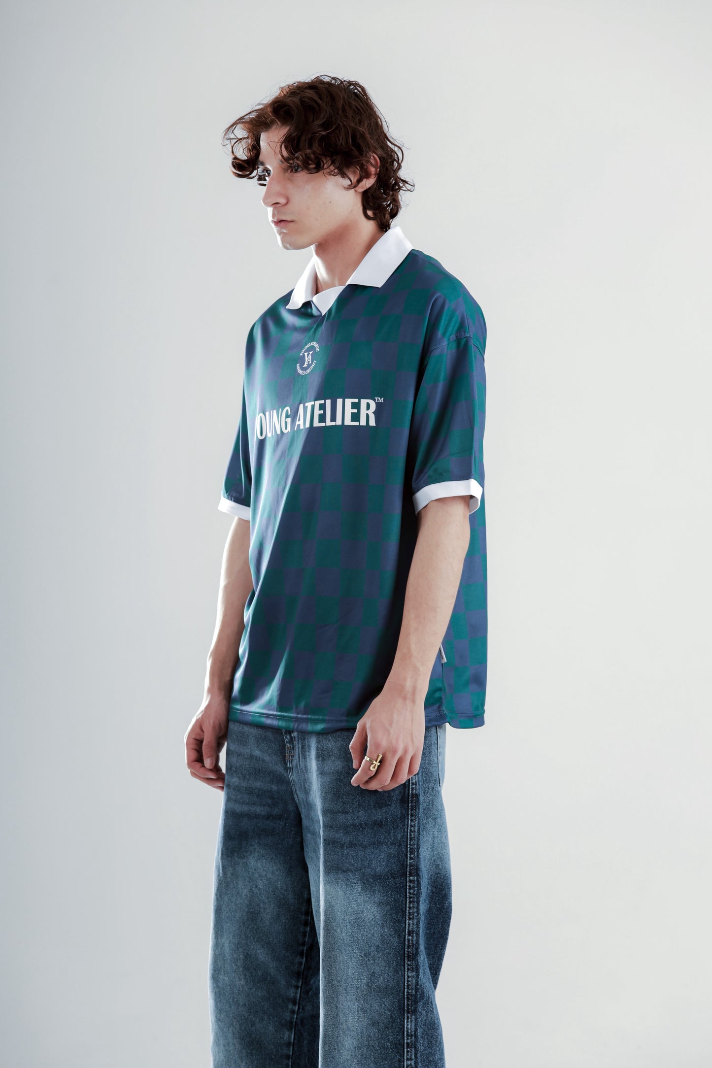 Football jersey polo shirt with squares printed