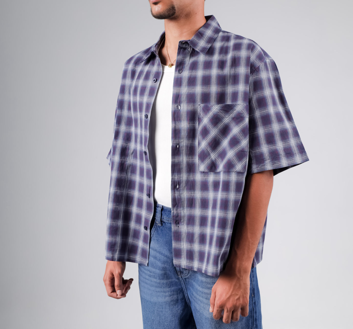Check boxy fit short sleeve shirt with back printed in navy blues