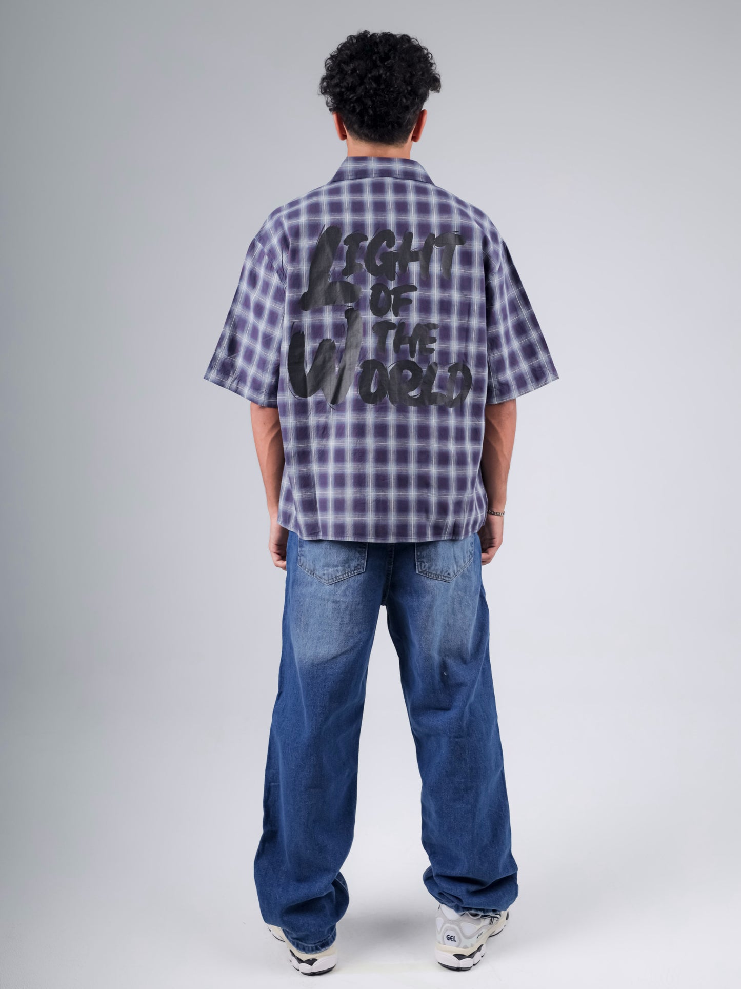 Check boxy fit short sleeve shirt with back printed in navy blues