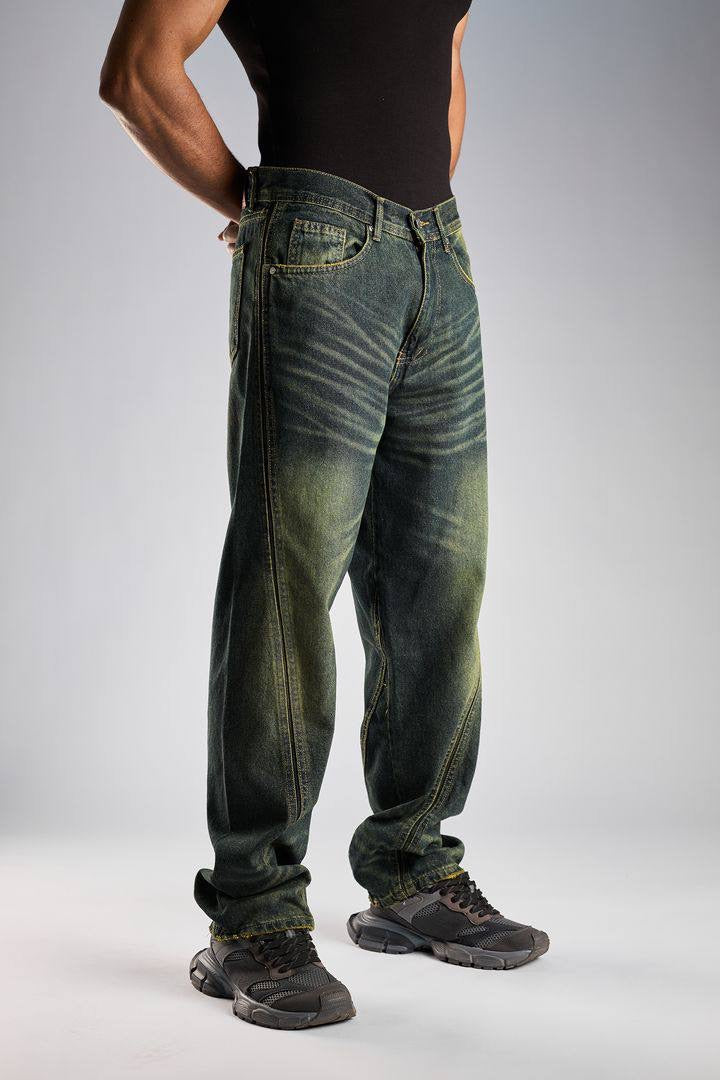 Baggy fit jeans with green tint in dark wash blue