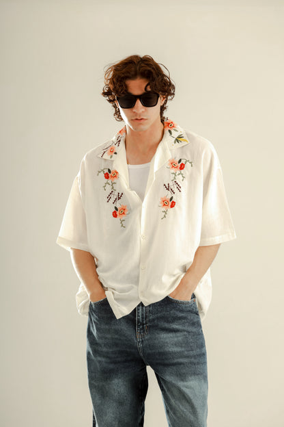 Linen shirt with flowers stitching