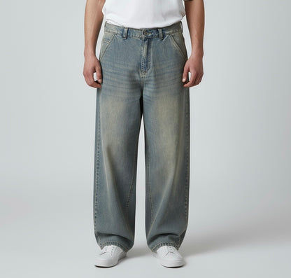 Ballon jeans in mid blue washed with yellow tint