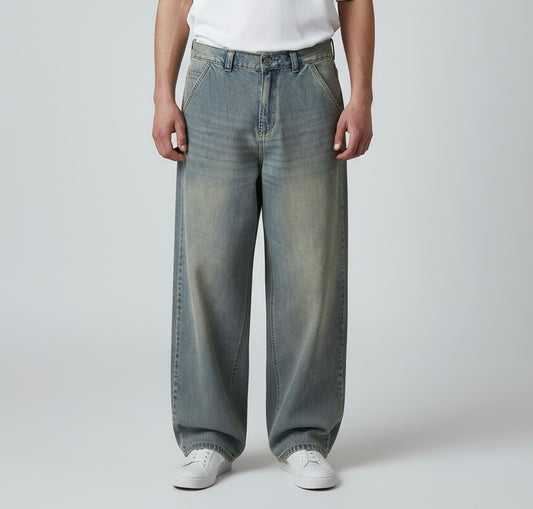 Ballon jeans in mid blue washed with yellow tint
