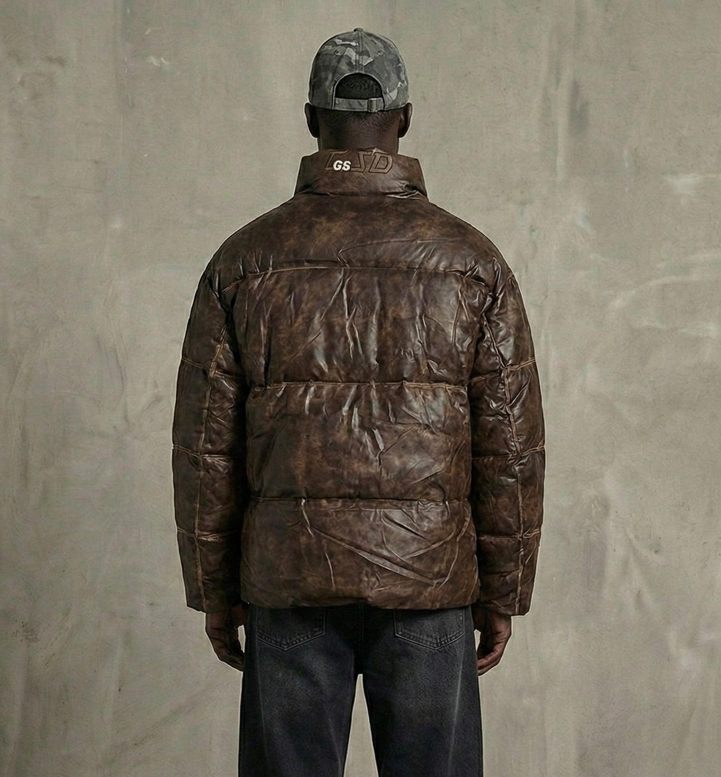 Leather puffer jacket