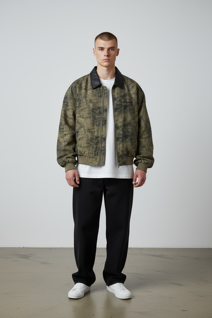 Washed Leather-Collar Bomber