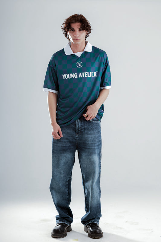 Football jersey polo shirt with squares printed