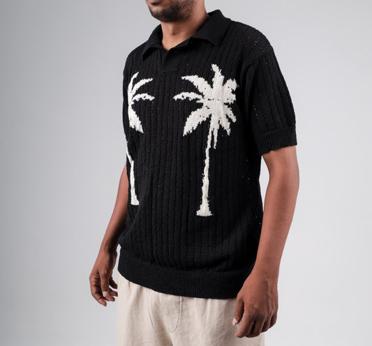 Knitted polo shirt with palm printed