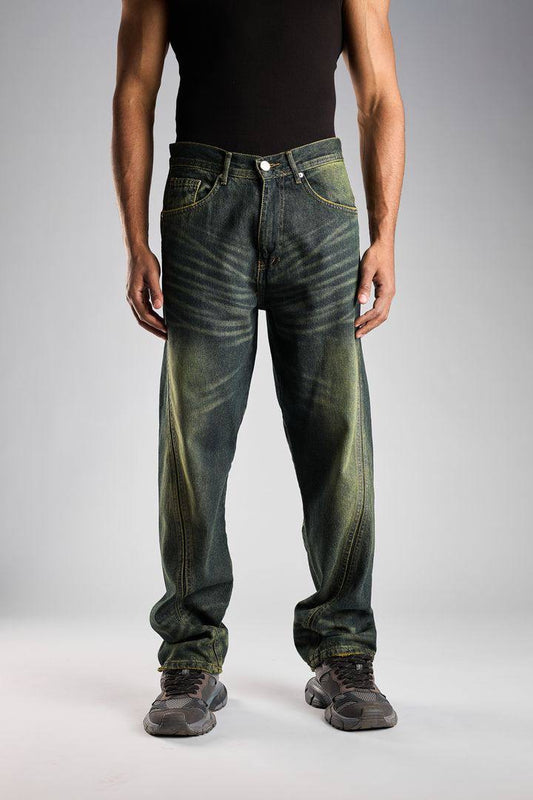 Baggy fit jeans with green tint in dark wash blue