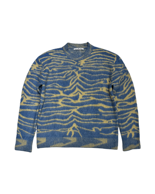 Crew neck knit sweater in mixed color blue with beige