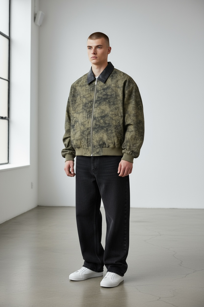 Washed Leather-Collar Bomber