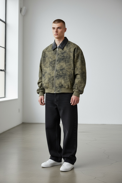 Washed Leather-Collar Bomber