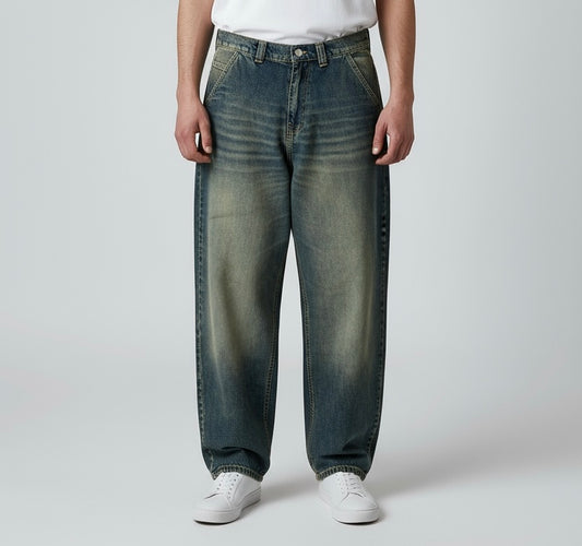 Ballon jeans in dark blue washed with olive tint