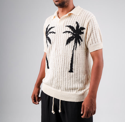 Knitted polo shirt with palm printed