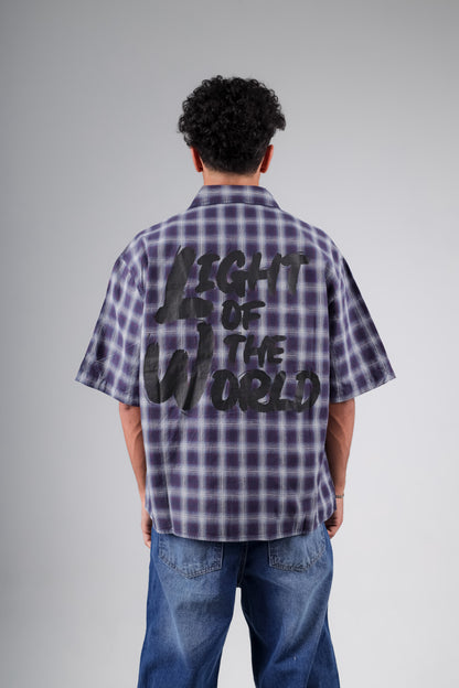 Check boxy fit short sleeve shirt with back printed in navy blues