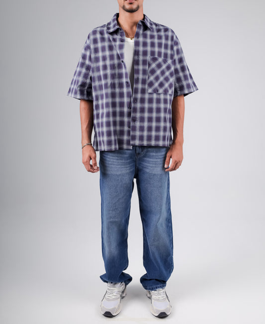 Check boxy fit short sleeve shirt with back printed in navy blues