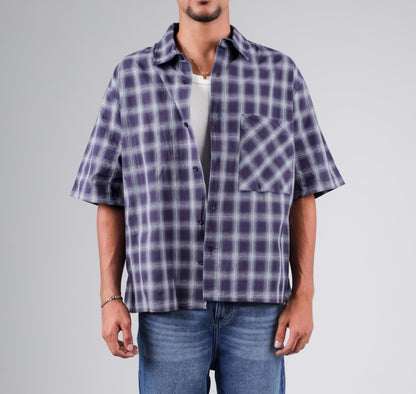 Check boxy fit short sleeve shirt with back printed in navy blues
