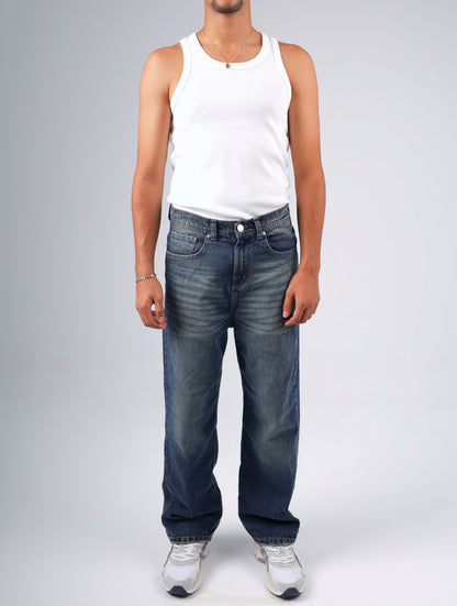 Baggy jeans in dark blue washed with green shades