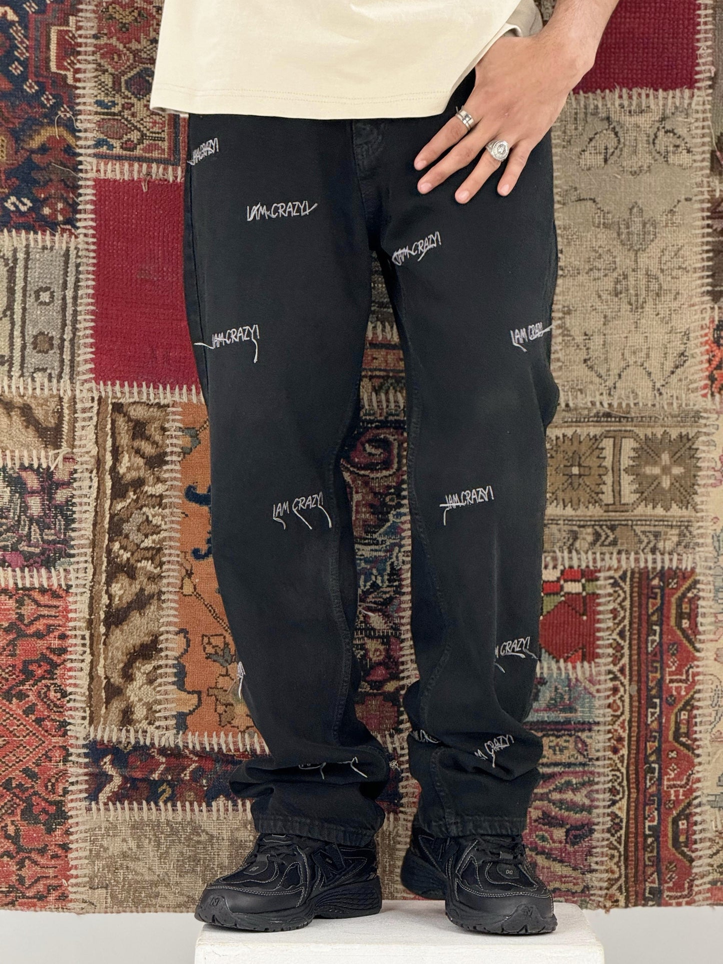 baggy fit Jeans with crazy stitches in black wash