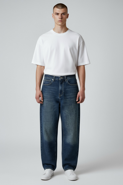 Baggy jeans in dark blue washed with green shades