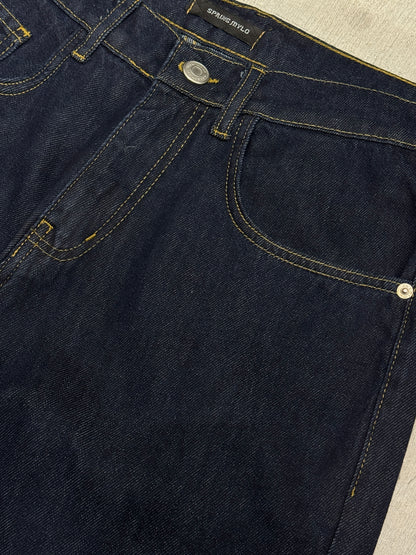 Raw denim pants with yellow stitching