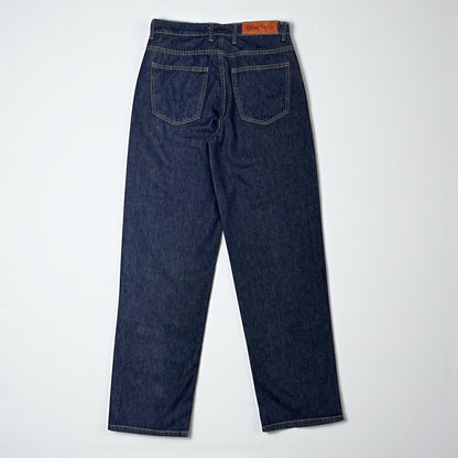 Raw denim pants with yellow stitching