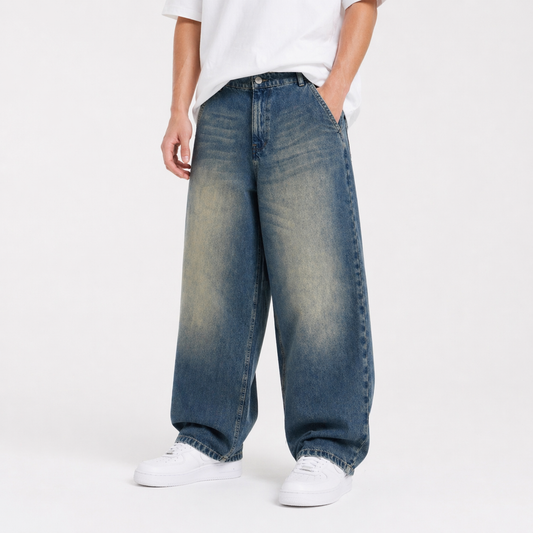 Balloon jeans in mid blue washed with yellow shades