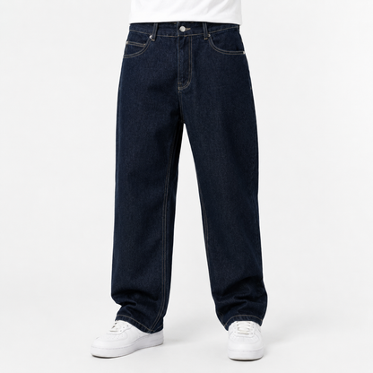 Raw navy denim jeans with yellow stitching