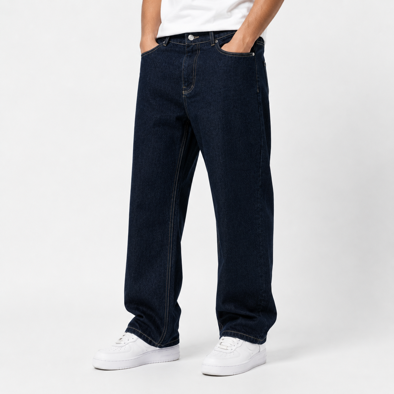 Raw navy denim jeans with yellow stitching