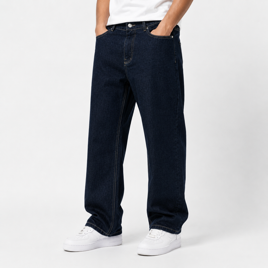 Raw navy denim jeans with yellow stitching