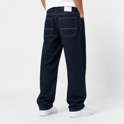Raw navy denim jeans with yellow stitching
