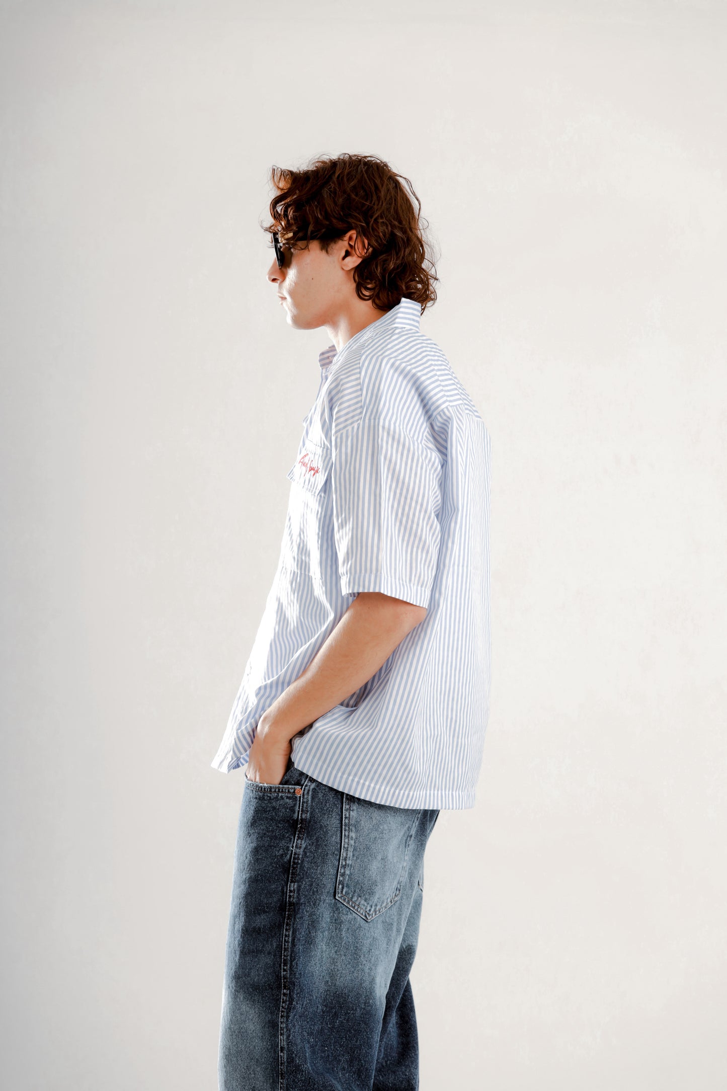 Boxy fit striped shirt with print on pocket