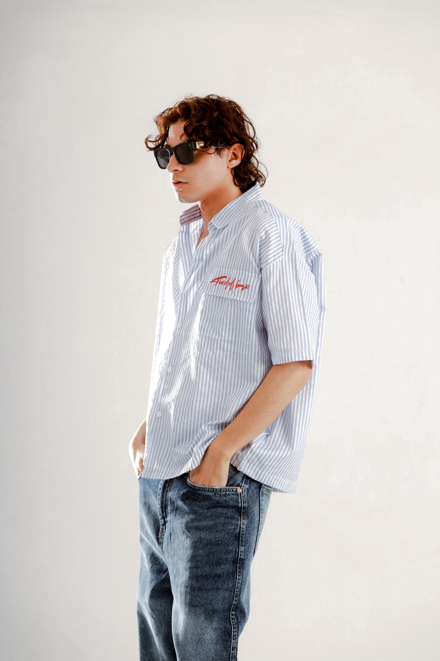 Boxy fit striped shirt with print on pocket
