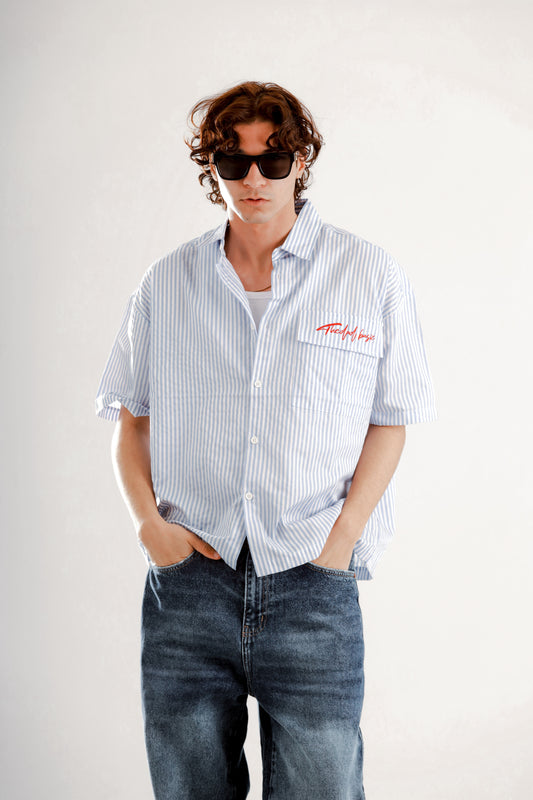 Boxy fit striped shirt with print on pocket