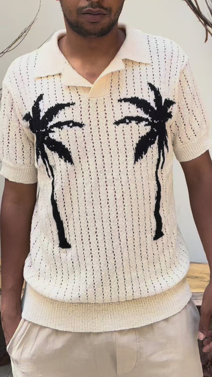 Knitted polo shirt with palm printed